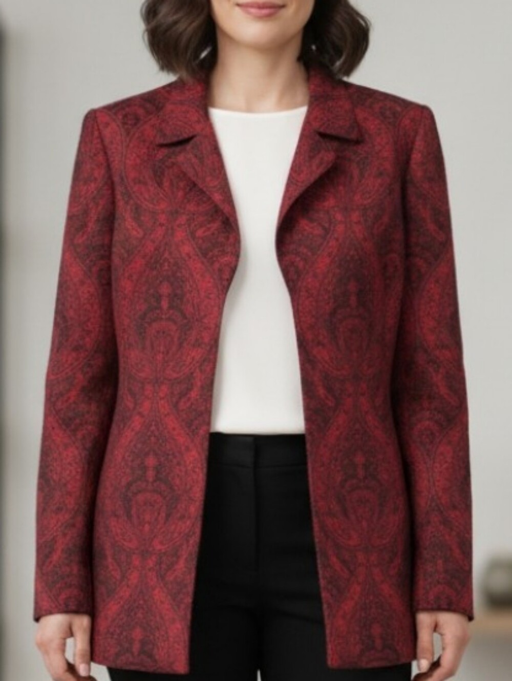 KASPER Vintage 90s Burgundy & Black Paisley Pattern Open Front Blazer Jacket - 8